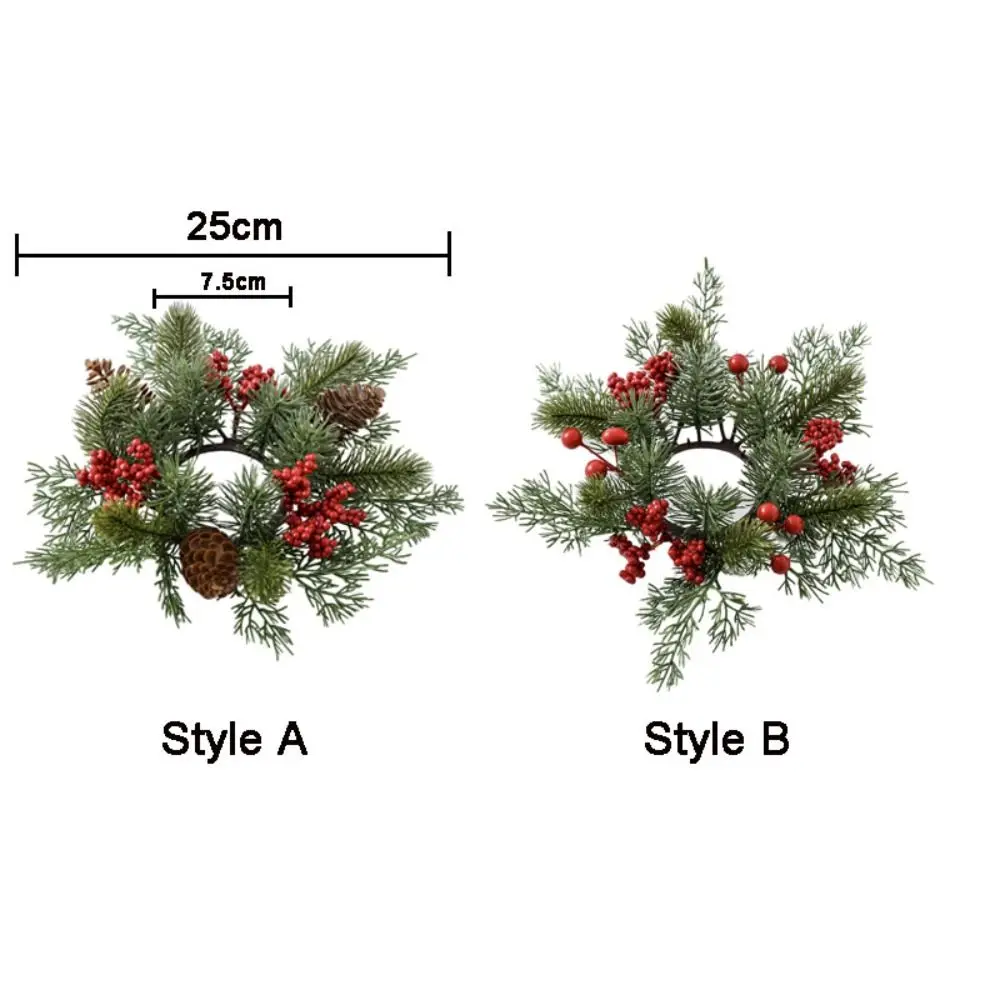 로맨틱 인공 꽃 촛대 화환, 25cm 촛대 반지, 소나무 바늘, 빨간 과일 촛대 화환, 크리스마스 장식