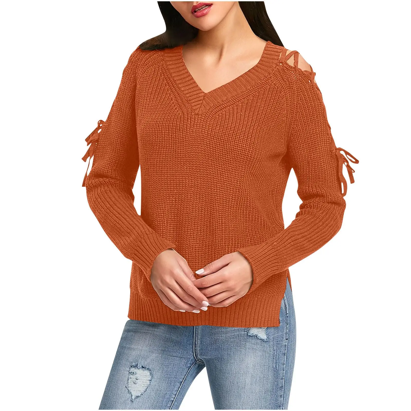 Sweter Rajut Wanita Kerah V Ikat Depan Lengan Panjang Model Longgar Pullover Pakaian Wanita untuk Musim Gugur