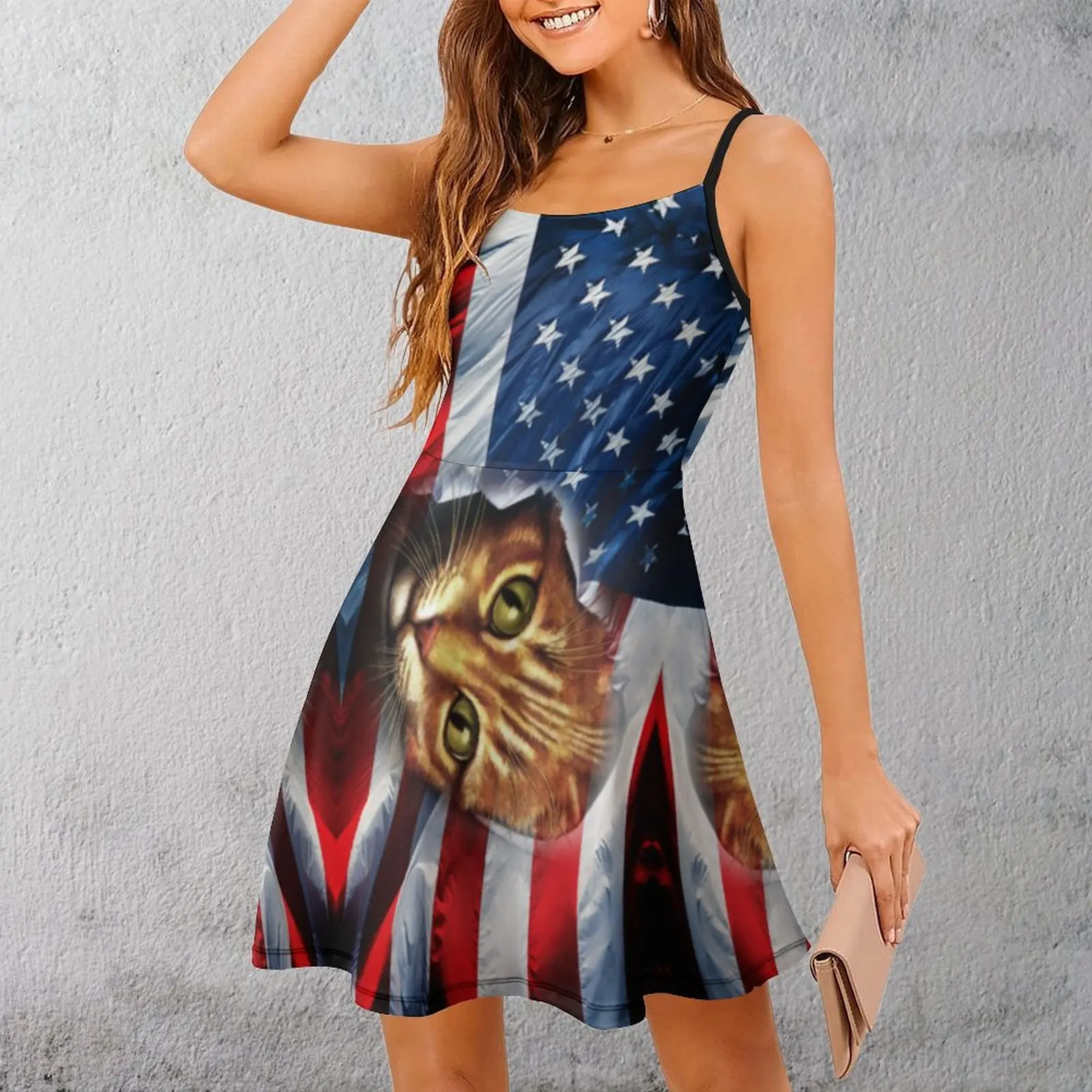 USA American Flag Cat Kitty Kitten Shirt Funny Yyth Women's Sling Dress Novelty Sexy  Woman's Dress Casual  Vacations Strappy Dr