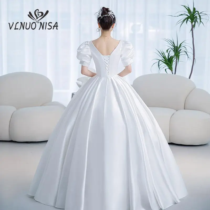 Vogue-vestido de cetim casamento com mangas curtas, estilo francês, elegante, personalizado, tamanho grande, novo, 2023