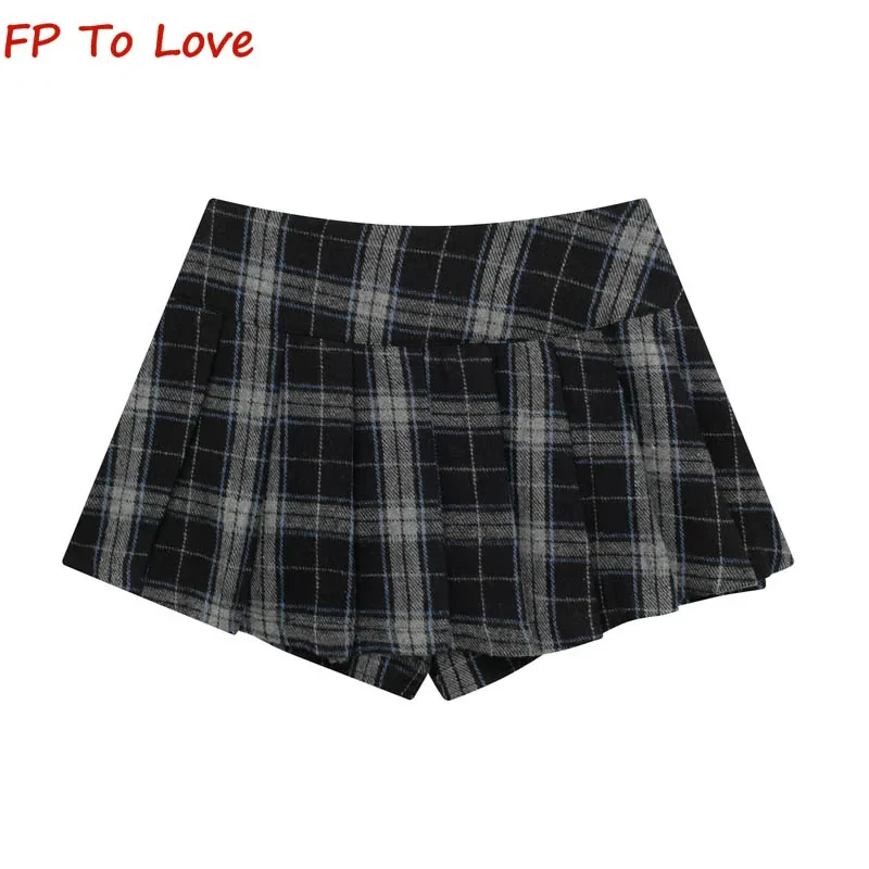 Vintage College Style Three Button Anti-Walking Pleated Skirt Spice Girls Plaid Half-body Skirt Splicing Pleated A-line Skirt