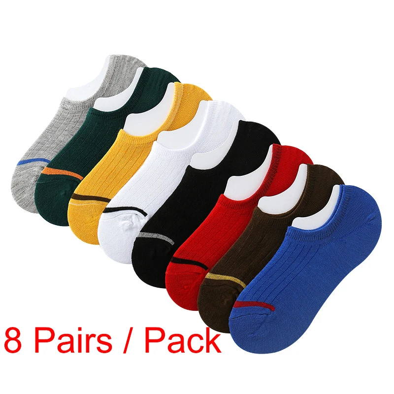 8 Pairs Women Invisible Sock Slippers Fashion Men Solid Color Toe Striped Non Slip Silicone Short Ankle Socks No Show Boat Socks