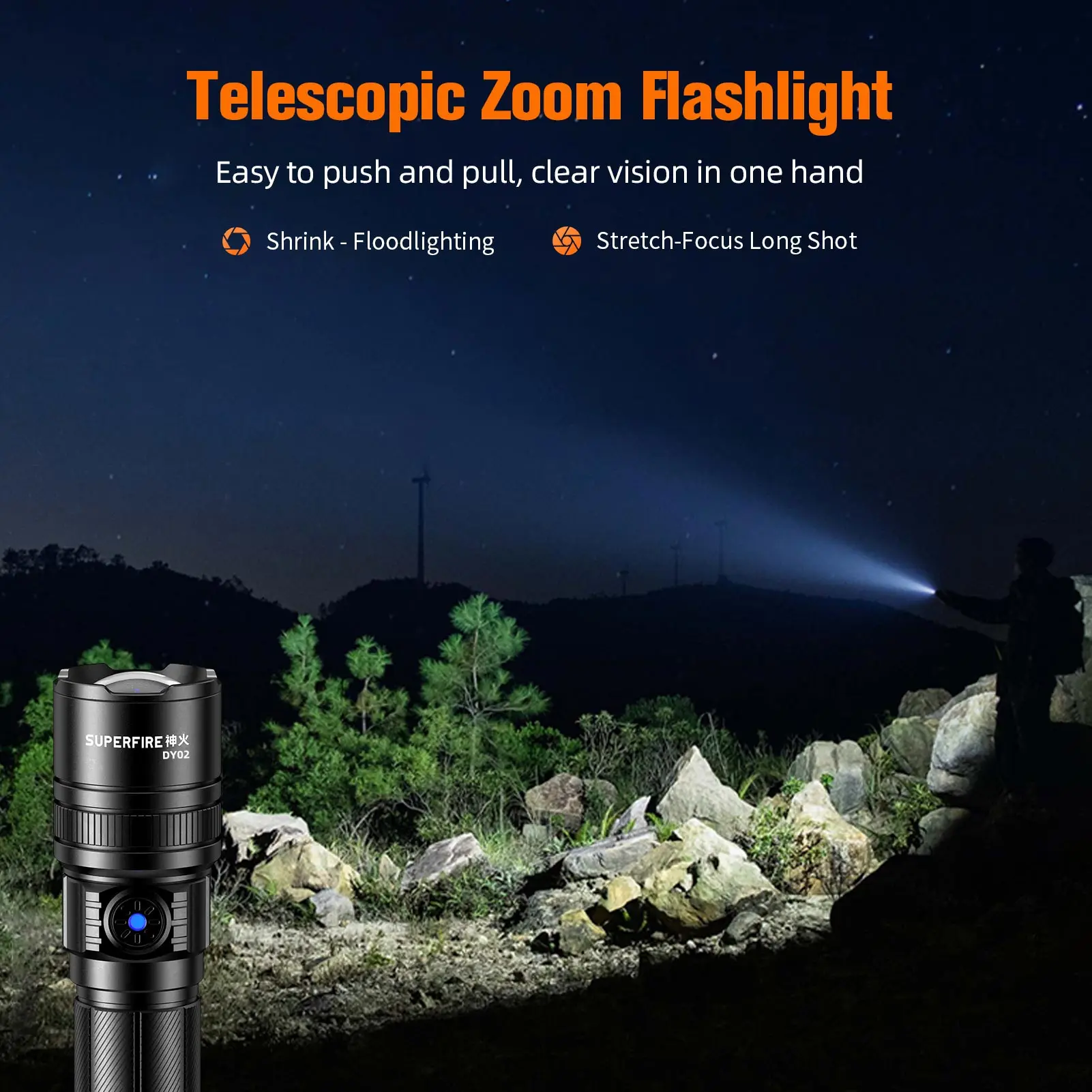 SUPERFIRE DY02 10W LED Zoomable Flashlight 450m Distance Type-C Rechargeable 3000mAh Torch for Camping Fishing Outdoor Lantern
