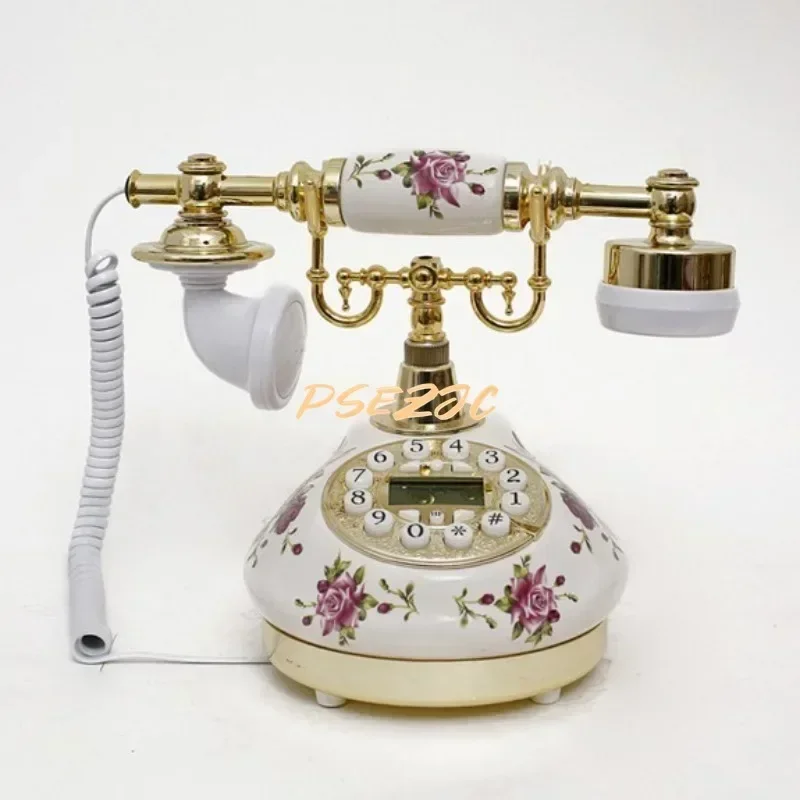 Wired Telephone Home Electroplating Blue Screen Retro Telephone Rural Ceramic Antique Decoration Desktop Crafts