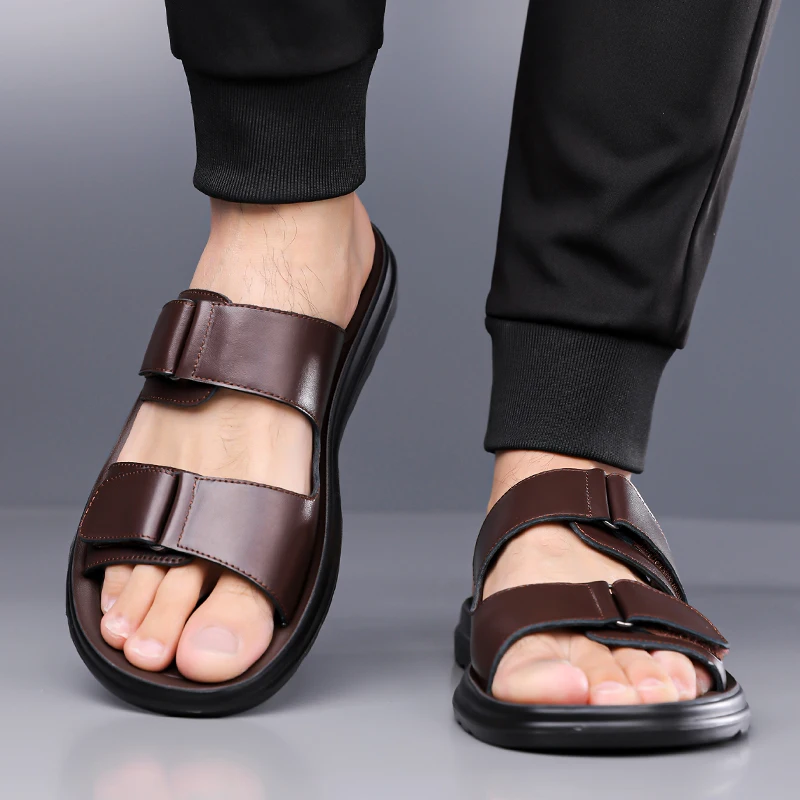 Men's Summer Fashion Minimalist Magic Tape Slip-On Sandals Anti-Slip Soft Sole Breathable Outdoor Casual Thong Slippers-DH9009