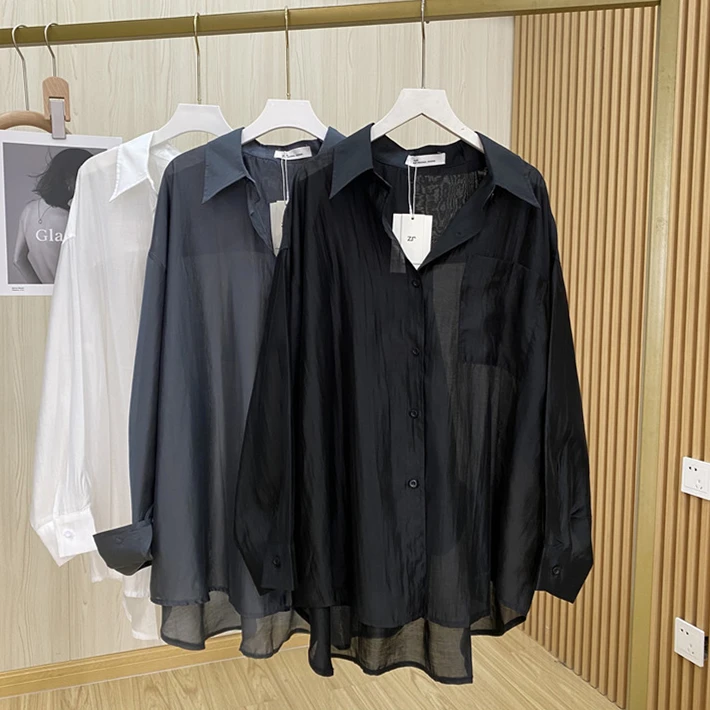 Spring Rayon New Women's Turn-down Collar Shirts Long Sleeves Sagging Sensation Loose Fit Versatile Lightweight Solid Coats