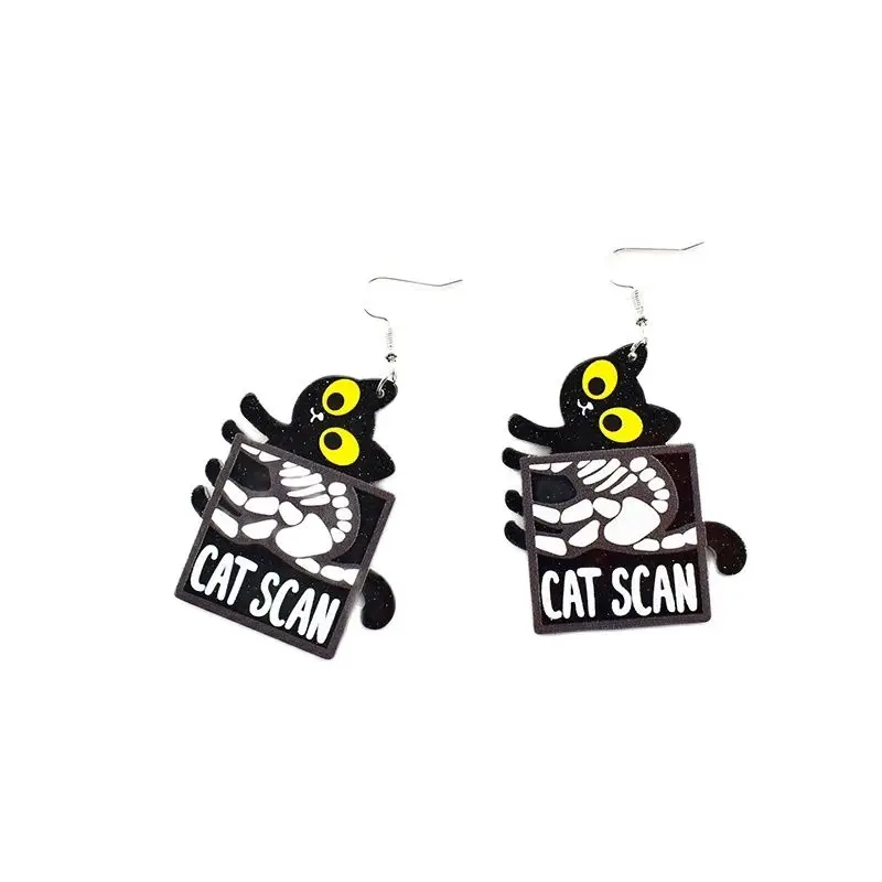 Black Glitter Acrylic Cat Scan Drop Earrings For Women Animal Doctor Nurse Series Epoxy Charm Dangle Earring Jewelry