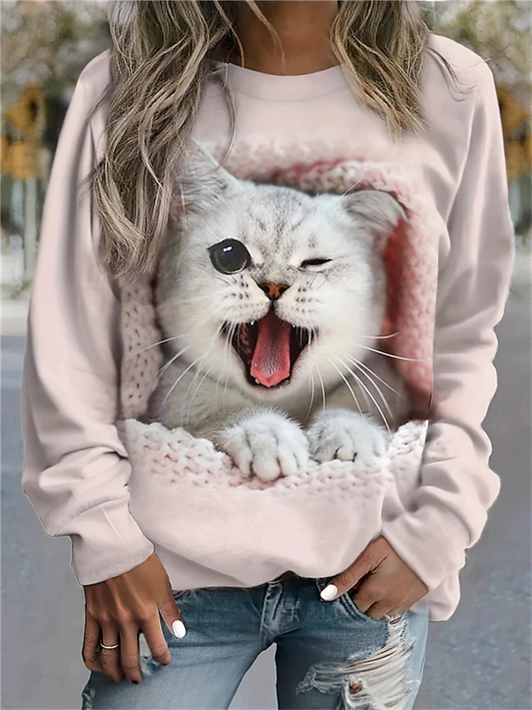 2024 New Cute Plush Cat Printed Women's Long Sleeve New Fashion Sweater Autumn Casual Comfortable Round Neck Sweatshirt Pullover