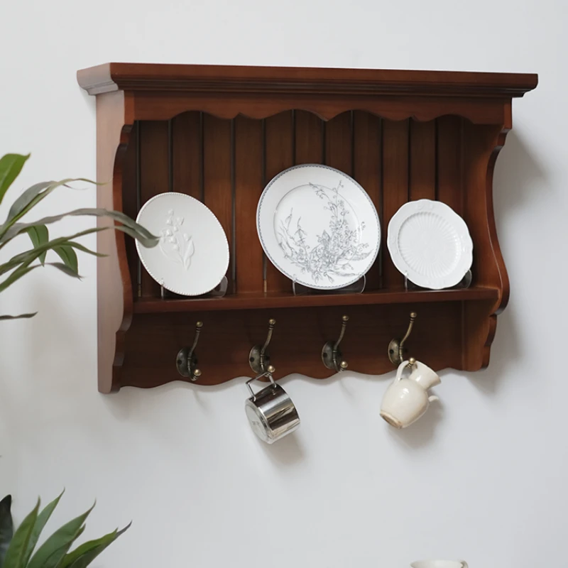 خزانة عرض معلقة على الريف الفرنسي - رف تحف مثبت على الحائط من الخشب الصلب لتناول الطعام/غرفة المعيشة، ديكور متعدد الوظائف