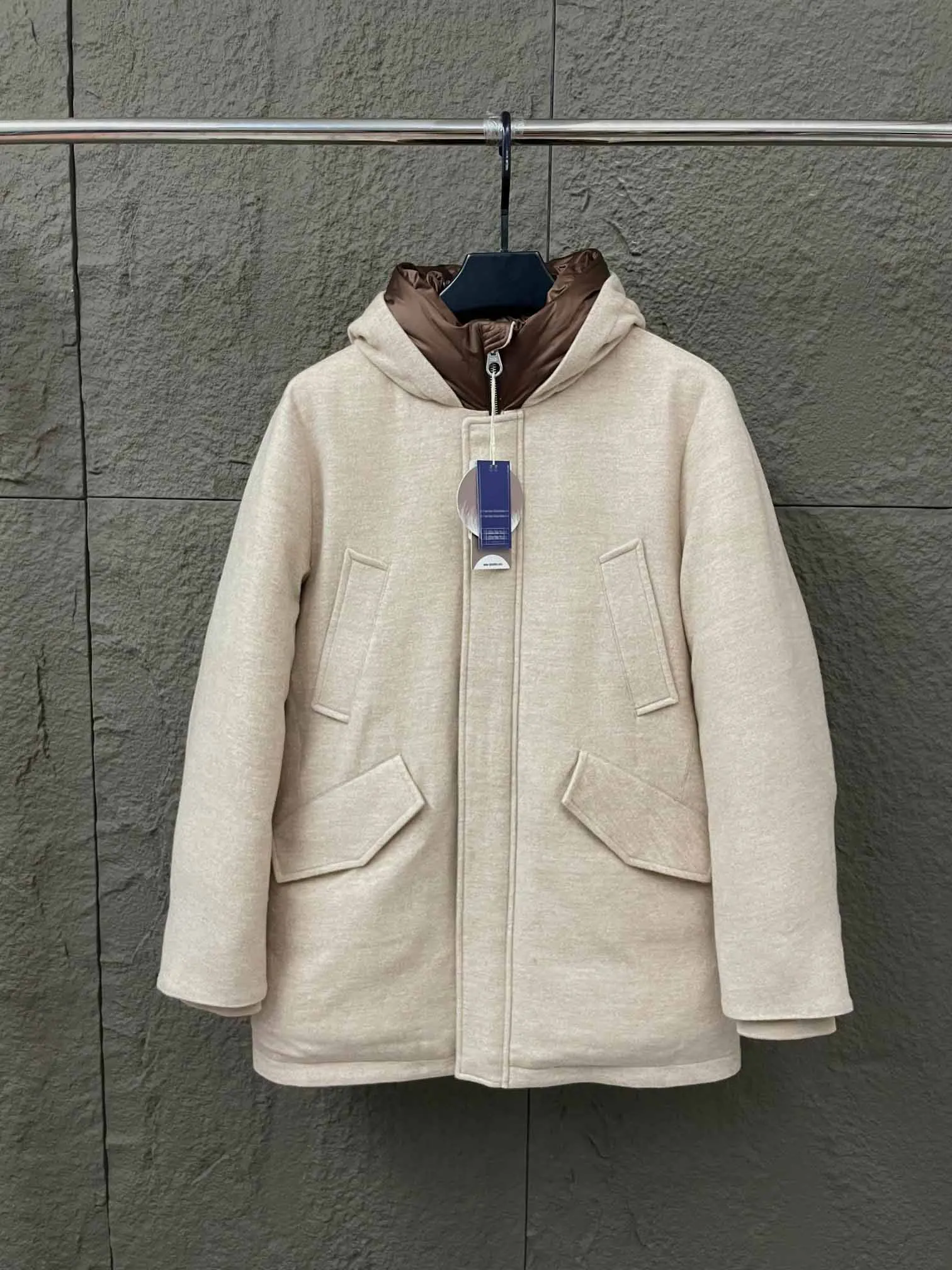 2025DIKU Men's new style mulberry silk blended wool strong shrinkage process white goose down filling medium length hooded down