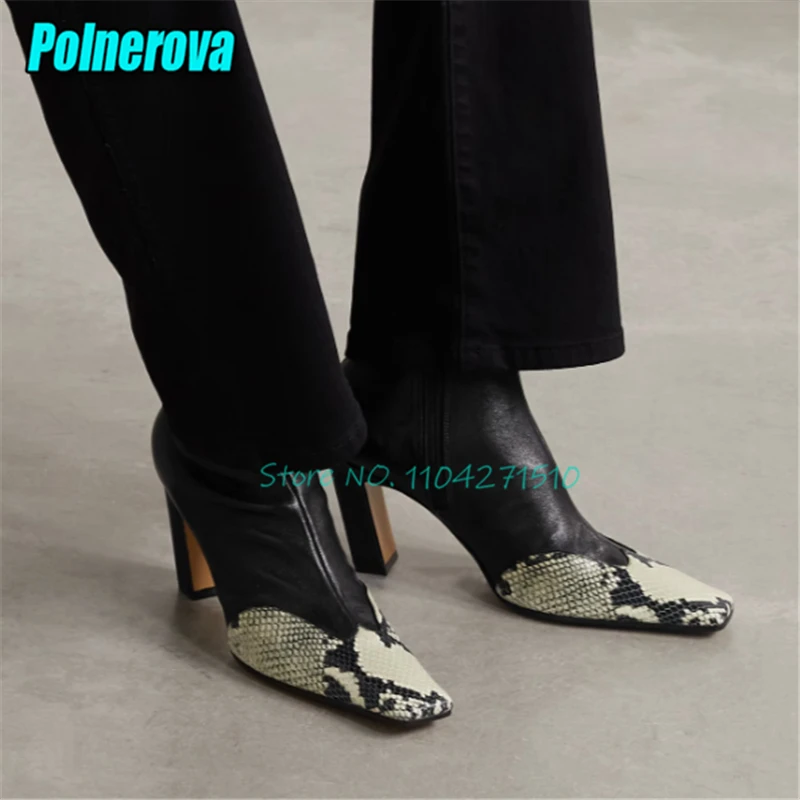 Leopard Snake Print Leather Patchwork Thick Heel Short Boots Fashion Square Toe Side Zipper Ankle Boots Trendy Party Dress Shoes