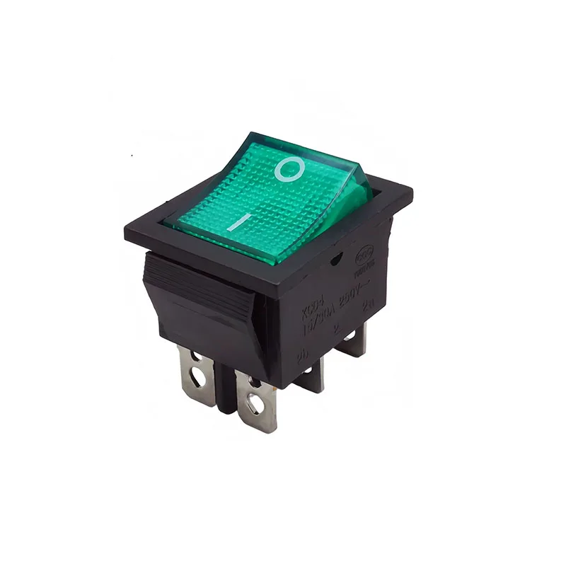 KCD4-202N ship-type switch with 6 pins and a lighted green indicator, 2 settings, 15A/30A, 250V
