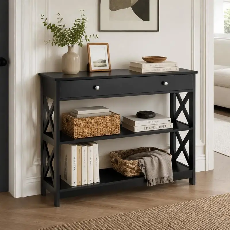 Table console à 3 niveaux avec tiroir et étagères de rangement - Noir