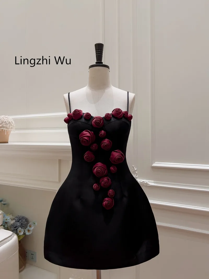 Lingzhi Wu French Luxury Ladies Top Quality Dress Formal Handmade Rose Black Vestidos Spaghetti Strap Unique Beatury Dresses