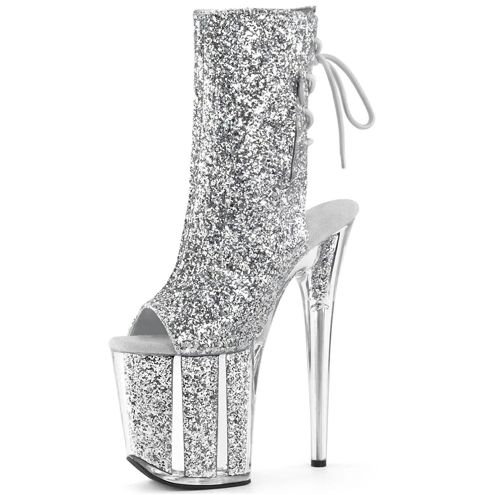 

20CM Glitter Fishmouth Booties, Shimmery Stage Ankle Boots with Sheer Stiletto & Platform,Nightclub Heels