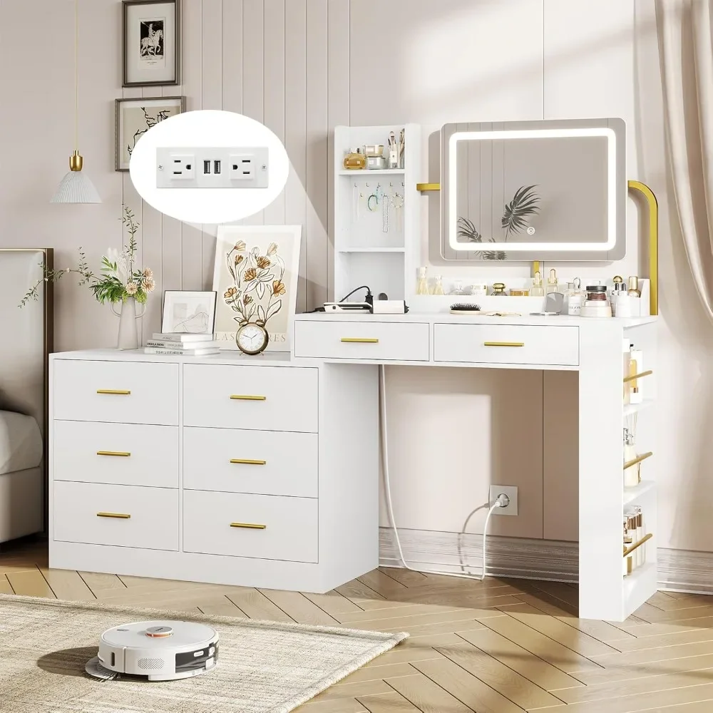 

Dressing Table with Mirror and Light, Three in One Dressing Table with Charging Station, 8 Drawers, 3 Adjustable Lighting Modes