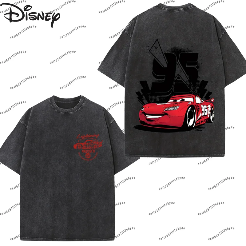 تي شيرت نسائي Lightning McQueen 95 Speed Zone تي شيرت Disney Pixar Car Movie 230G مغسول برقبة دائرية كاجوال موضة قصيرة الأكمام للرجال