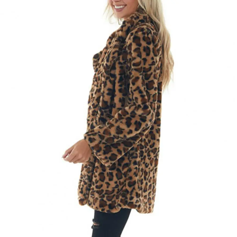 Imitation Fur Jacket Leopard Print Plush Coat for Women Stylish Windproof Mid Length Overcoat with Pockets Lapel Women Faux Fur