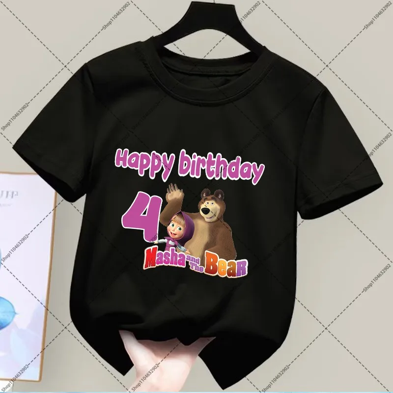 Mashas and The Bear Unisex T-shirts Cute Cartoon Anime Pattern Numbers 1-9 Printed Short Sleeve Birthday Party T-shirts Gifts