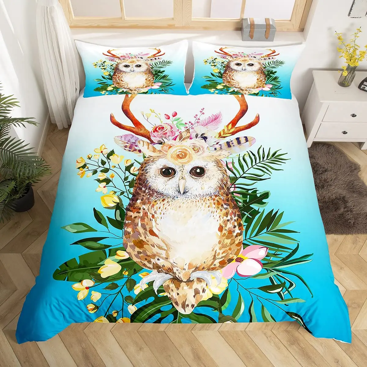 Owl Bedding Set with 2 Pillow Case Duvet Cover Bird Comforter Cover Bedroom Decor Boys Girls Children Teen