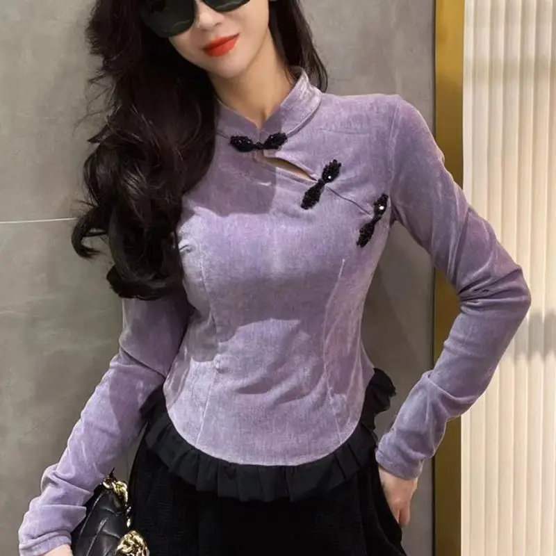Retro Buckle Small Stand Collar Ruffle Spliced solid Color Gold Velvet Top Women's New Shirt TT658