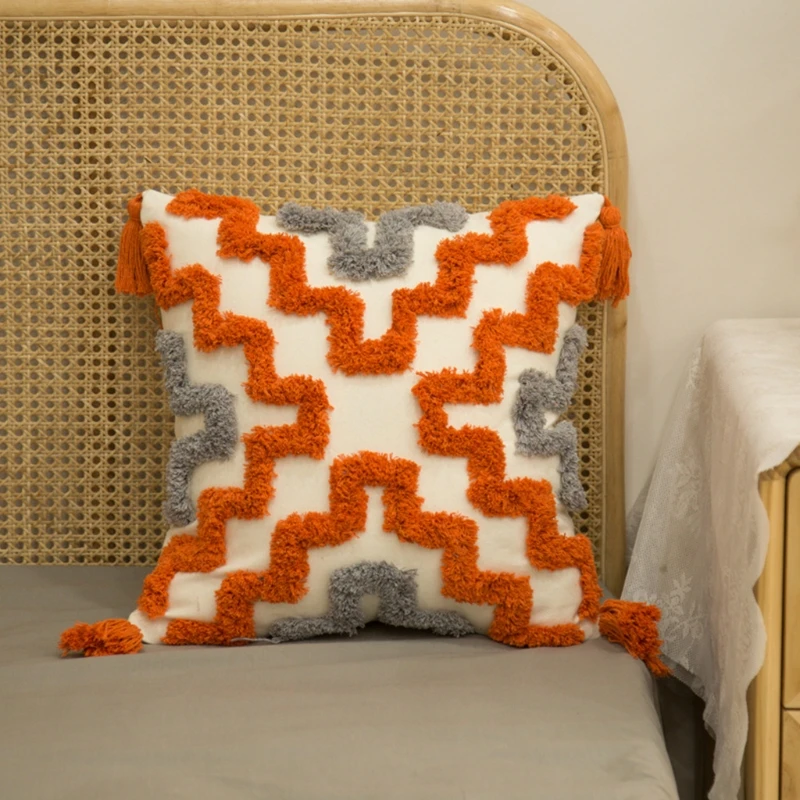 New Orange Gray Tufted Pillow for Case with Tassel Boho Woven Geometric Cushion Cove