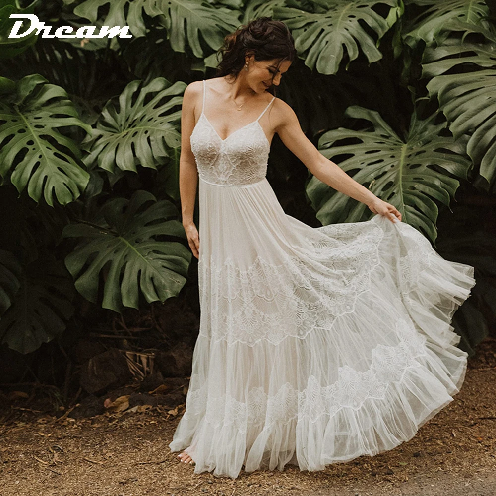 

DREAM Lace Spaghetti Straps Tulle Boho Wedding Dress Sleeveless A Line Backless V-Neck Bridal Gowns Beach Summer