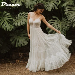 DREAM Customized Lace Spaghetti Straps Tulle Boho Wedding Dress Sleeveless A Line Backless V-Neck Bridal Gowns Beach Summer