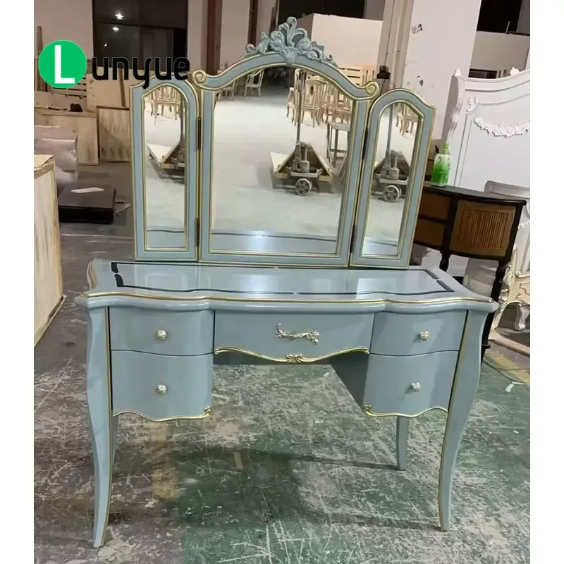 French Light Luxury Fog Blue Gold Plated Engraved Dresser Elegant Bedroom Storage Cabinet Vintage Style Vanity Table with