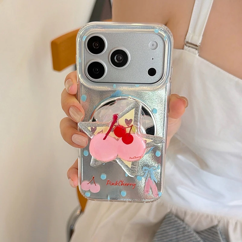Luxury Silver Texture Cute Cherry Magnetic Phone Case For iPhone 17 Pro 16 15 Pro Max Cover with Magsafe Stand Holder Cases Capa