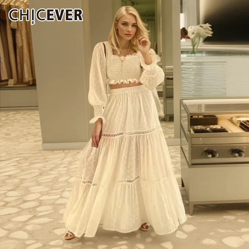 

CHICEVER Casual Solid Two Piece Sets For Women Square Collar Long Sleeve Tops High Waist Loose Long Skirt Hollow Out Set Female