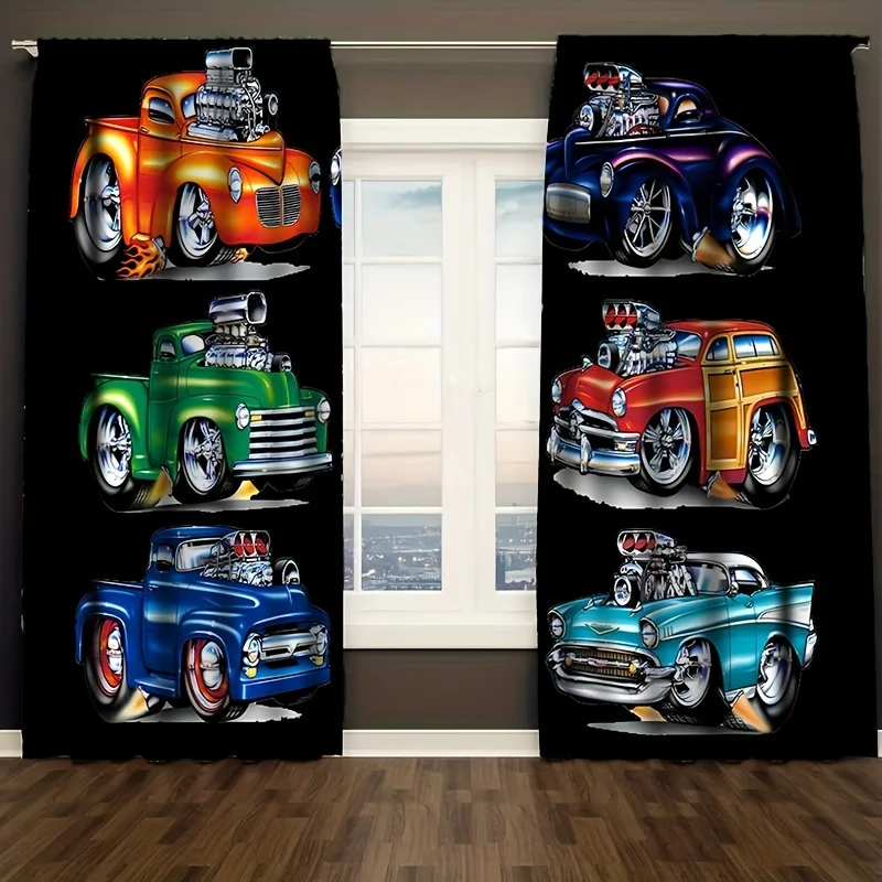 Vintage Hot Rod Curtain, Classic Pickup Truck Window Drape, Retro Car Garage Blackout Panel, Boys Room Man Cave Decor
