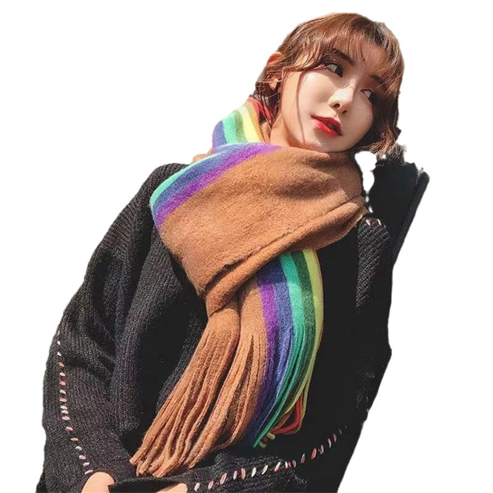 Female Rainbow Stripes Thickened Scarves Autumn Winter Air Conditioning Long Shawl Dual-use Imitation Cashmere Woolen Blankets