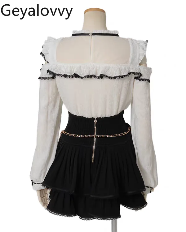 النمط الياباني الإنتاج الضخم قميص غير رسمي جديد الحلو Cutelong كم بلايز للنساء لوليتا الدانتيل المرقعة خارج الكتف بلوزة #4