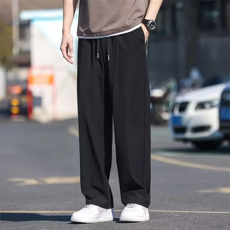 

Mens Elastic Drawstring Waist Lightweight Ice Silk Loose Wide Leg Full Length Casual Pants