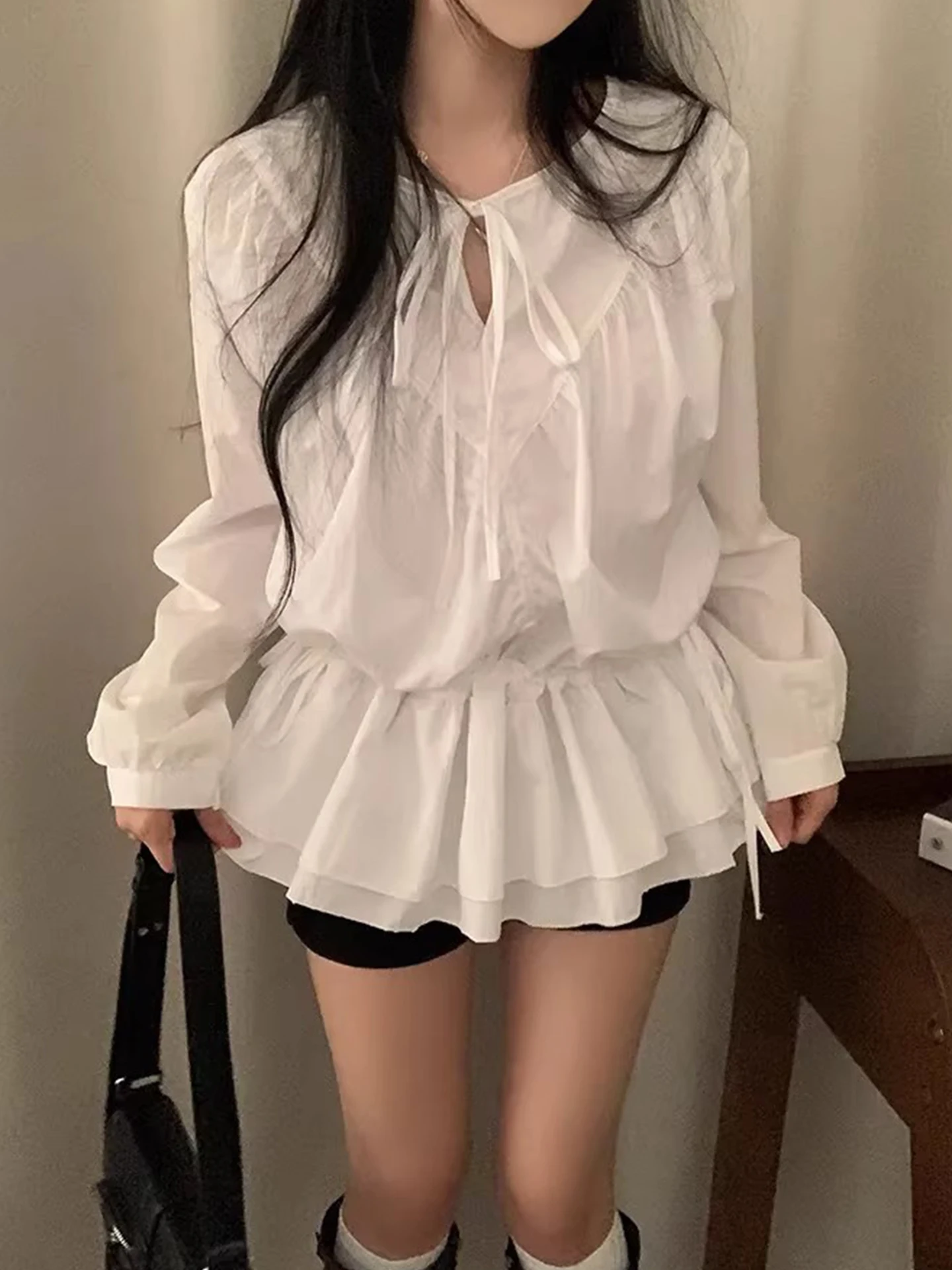 

Spring New Style Women's Shirt Pleated Gentle Wind Pure Color Small V-neck Belted Waist Multi-layer Lace Hemline Casual Shirt