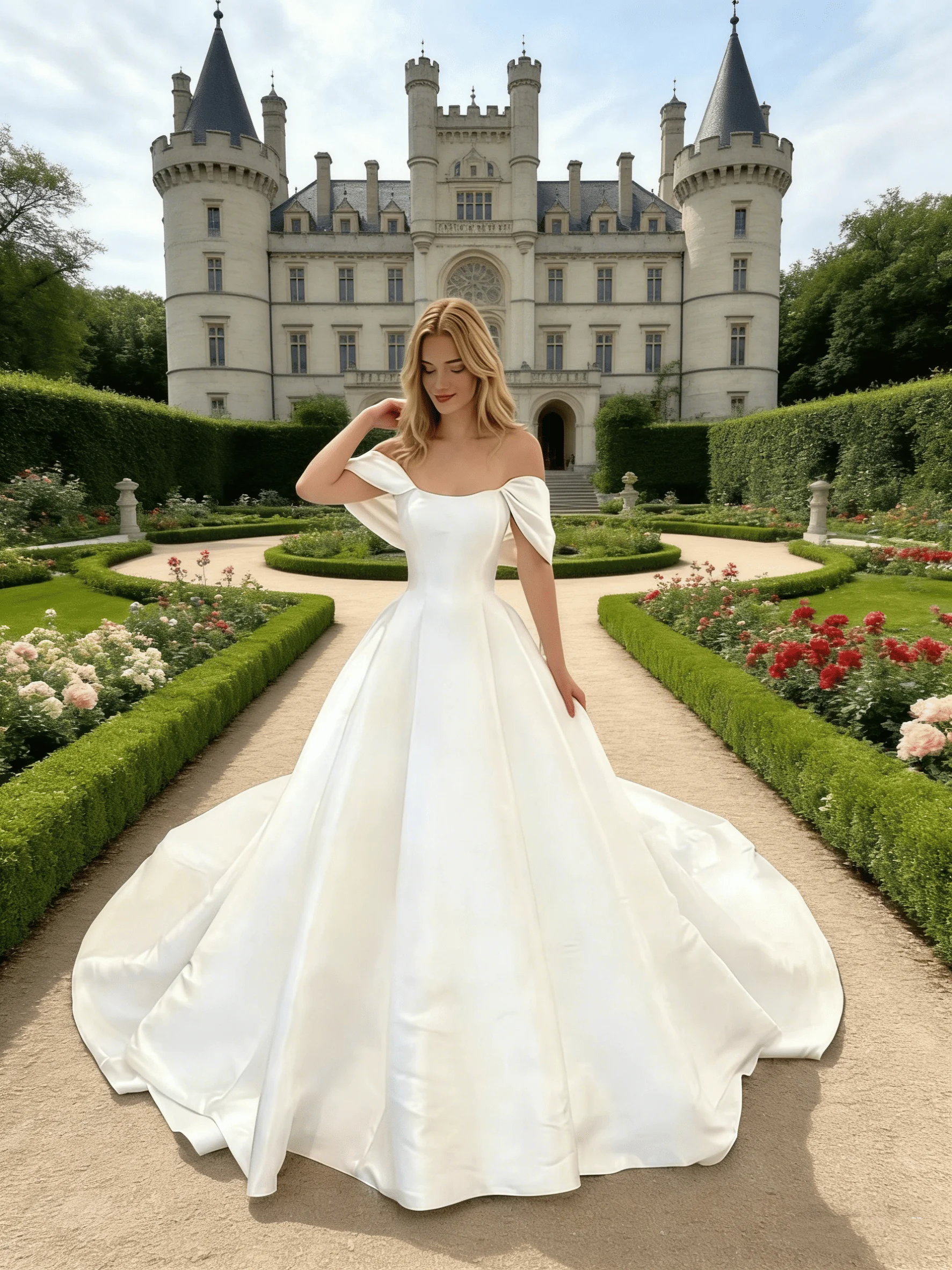 

Simple Satin A-Line Wedding Dress Off-Shoulder Short Sleeve Minimalist Plain Bridal Gown with Sweep Train for Women Customizable