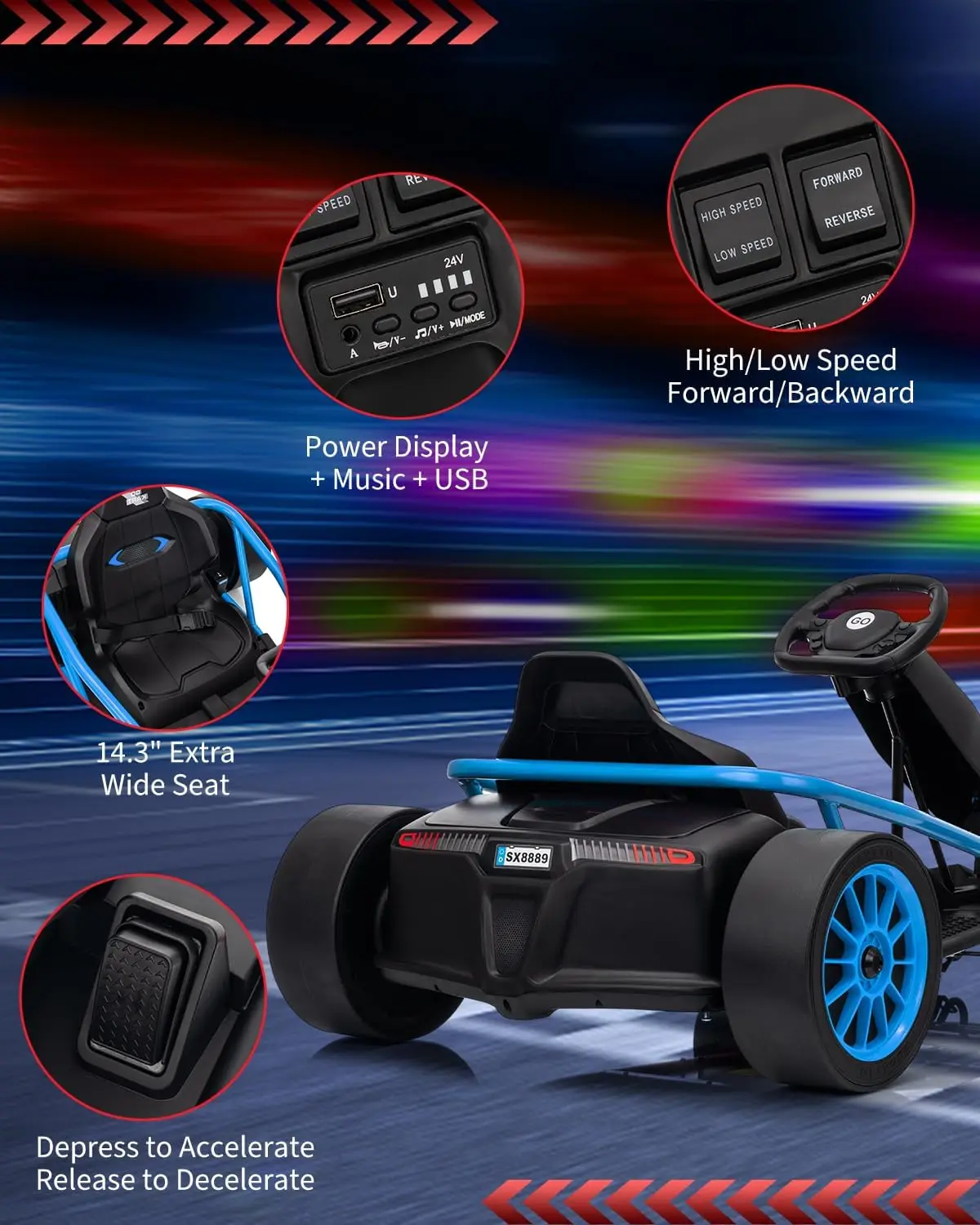 Ride On Go Kart for Kids, 24V 9Ah Battery 2x300W Motors MPH Fast Drifting Circling Car Electric Ride Toy Racing Toy for 8+ Years