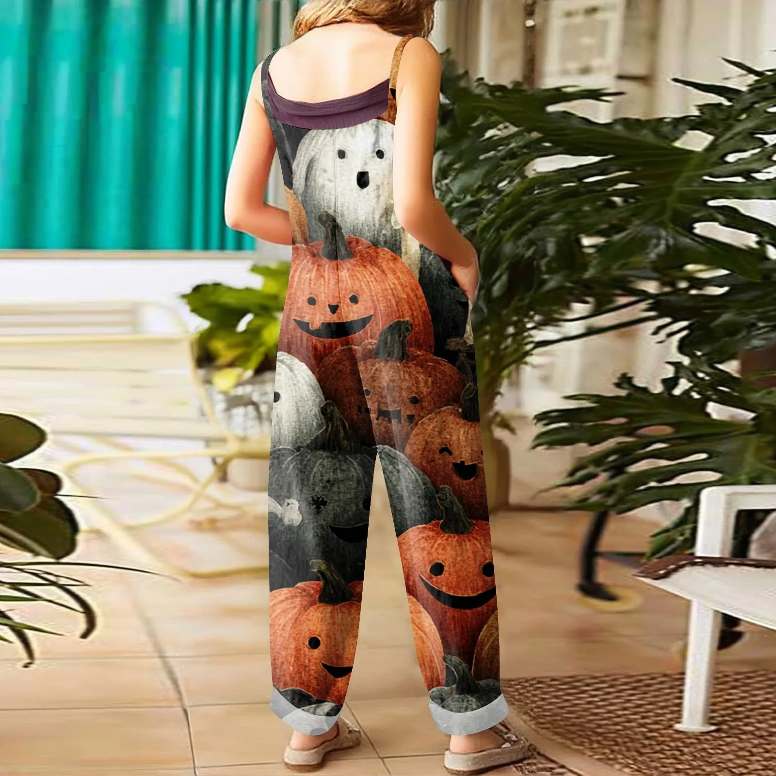 بذلة نسائية للهالوين ملابس مطبوعة برسوم كارتونية كبيرة على شكل رأس اليقطين كاجوال فضفاضة من القطن والكتان مع جيوب