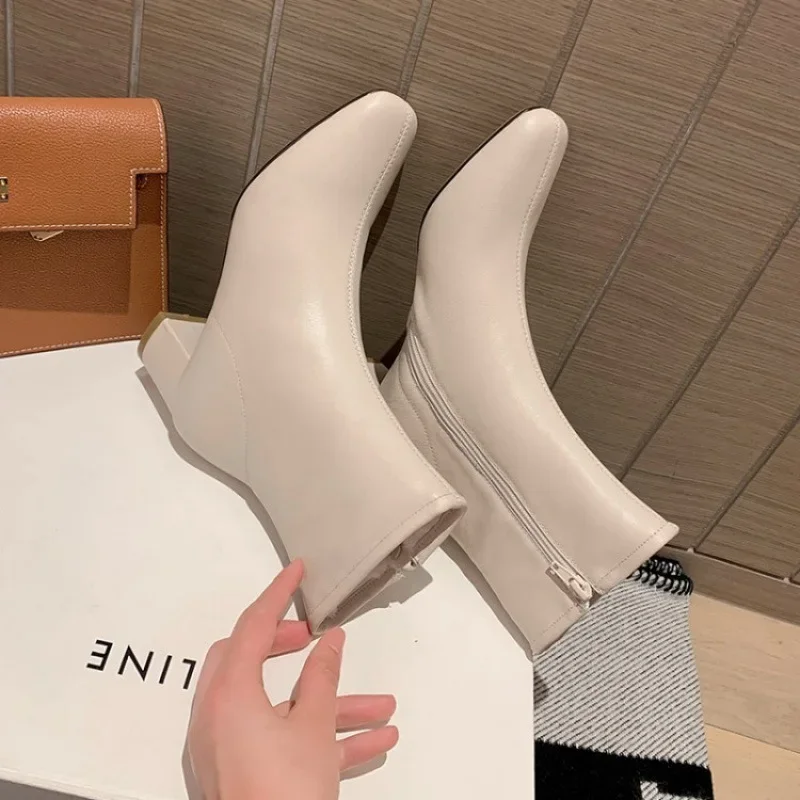 Autumn/Winter Rice White boots Leather premium square head lamb wool high heels for women with fleece warm mid-heel ankle boots