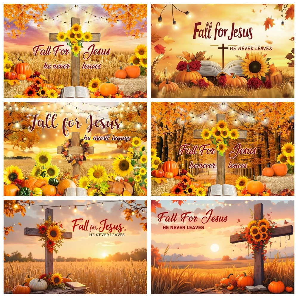 

Autumn Thanksgiving Photography Backdrop Yellow Pumpkin Sunflower Cross Bible Birth of Jesus kid Birthday Party Photo Background