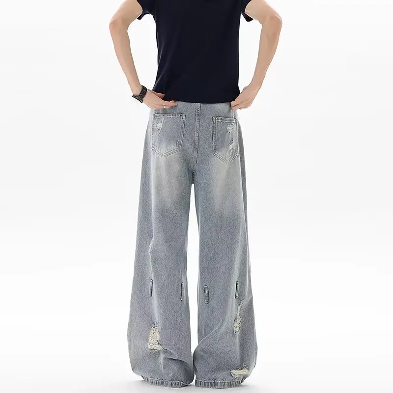 2026 Cyber Y2K Streetwear Vintage Blue Baggy Ripped Jeans Pants For Men Clothing Distressed Straight Denim Trousers Moda Hombre