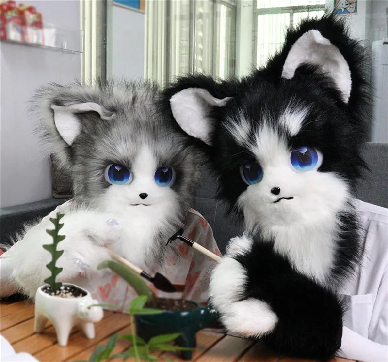 Nieuwe Roze Zwart Kleuren Harige Fursuit Hoofdmasker Pluche Dier Kat Vos Masker Kostuum Rekwisieten voor Halloween Cosplay Party Props Kids Gif