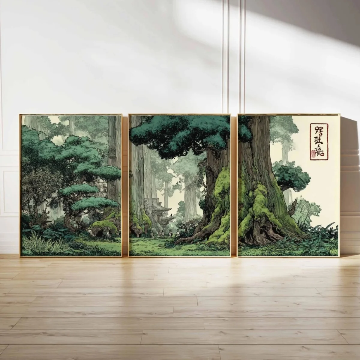 3-teiliges Set Japanische Anime Wald Leinwanddrucke Poster Japandi Ghibli Botanische Kunstdrucke Wohnzimmer Wandkunst Heim-Dekor Poster