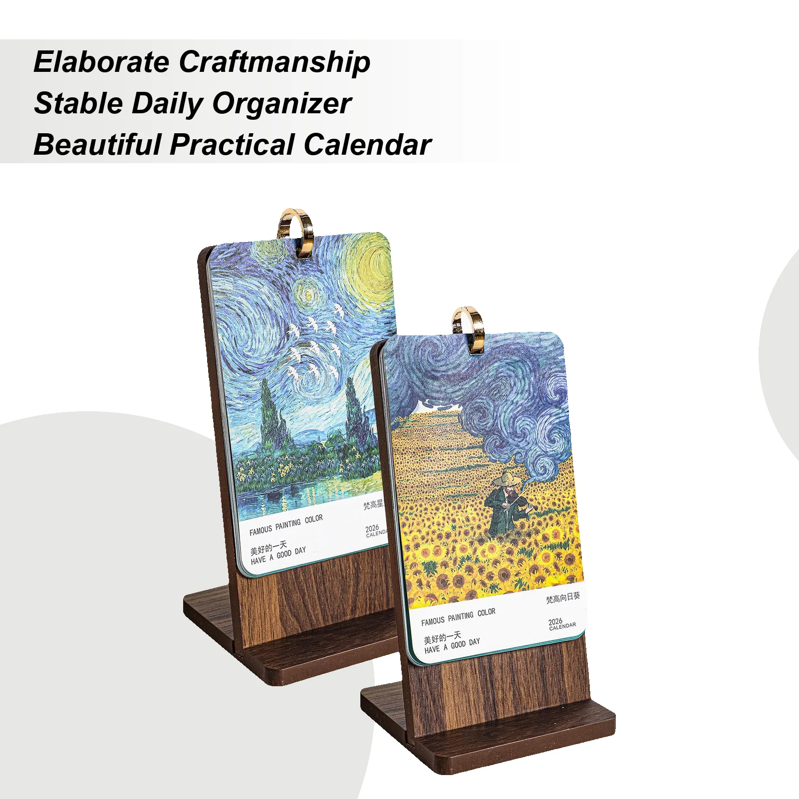 

V-an Gogh Oil Painting Desk Calendar Desk Calendar Vintage Wooden Bracket Famous Painting Decoration For School Organizing