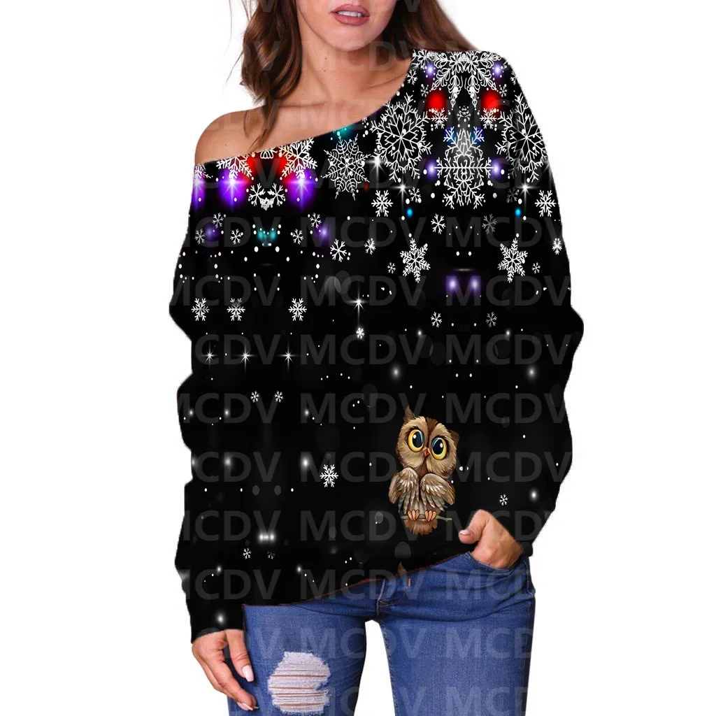 Women's Off Shoulder Sweater Retro 2023 Christmas 3D Printed Women Casual Long Sleeve Sweater Pullover