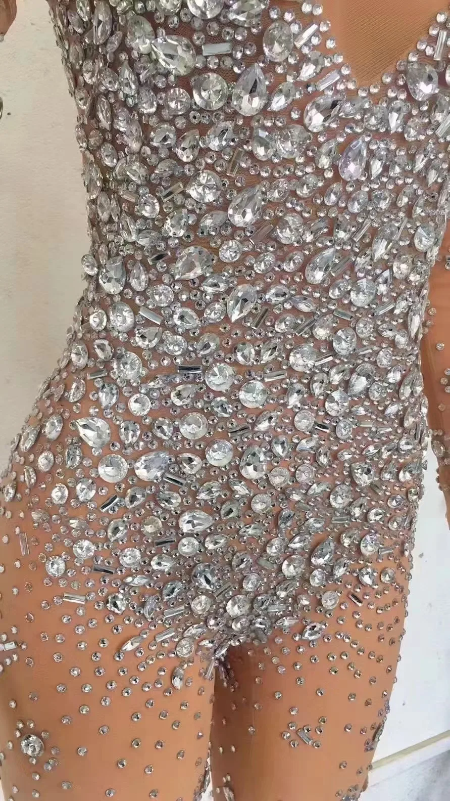 Luksusowe kryształy kryształ Mesh przezroczysty kombinezon dla kobiet urodziny świętować wieczór strój kobiet piosenkarka Show ubiór sceniczny