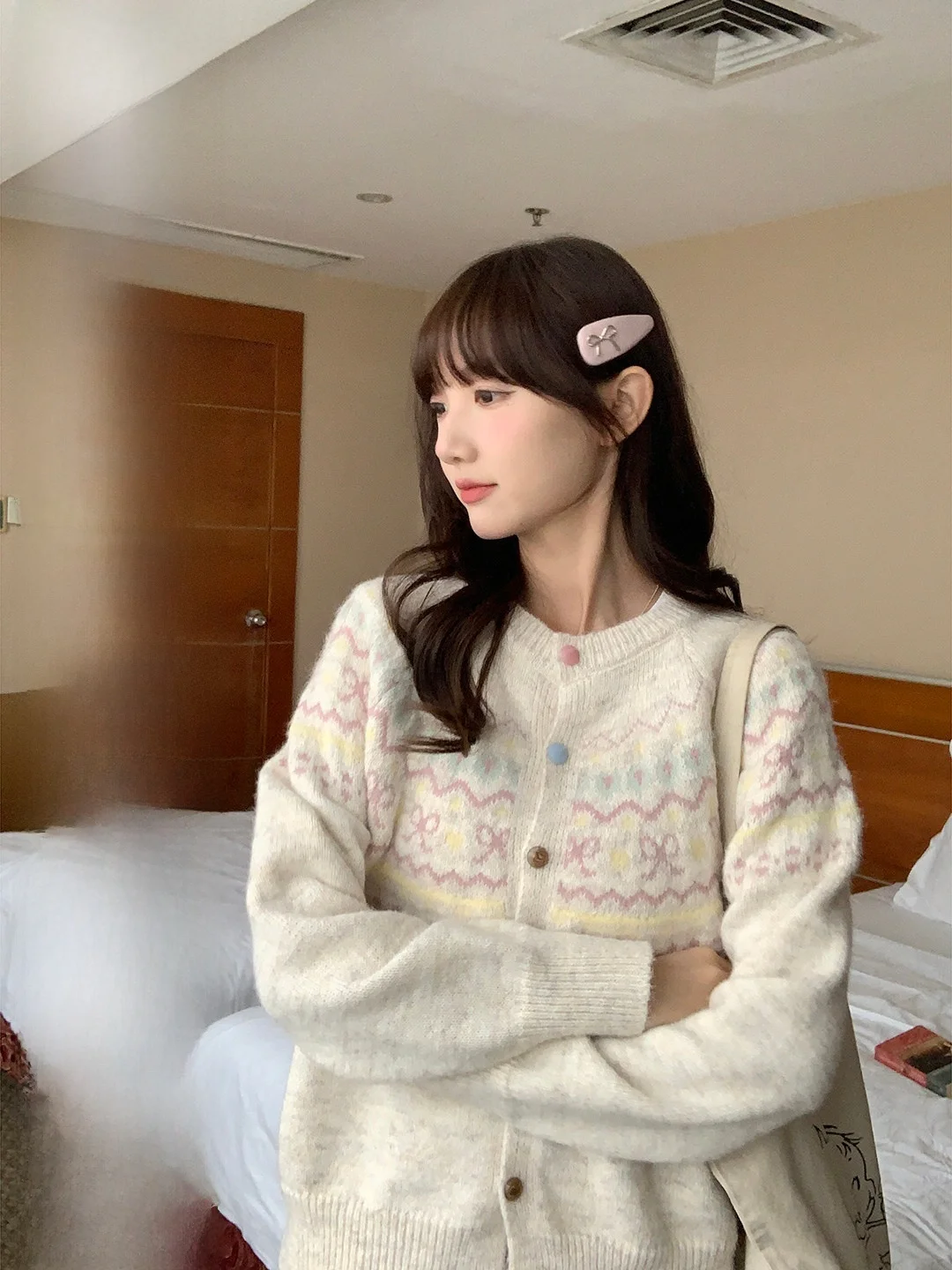 

Retro Fair Isle Knitwear Cardigan Slimming Design Winter New Sle Sweet Sle Loose Fit Long Sve round Ne Button up Top