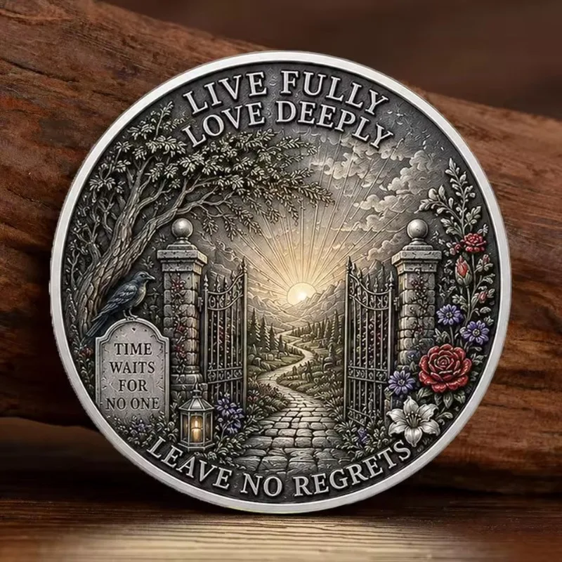2D Memento Mori Skull Rose Hourglass Commemorative Coin Live Fully Leave No Regrets Gothic Silvery Plated Collectible Coin
