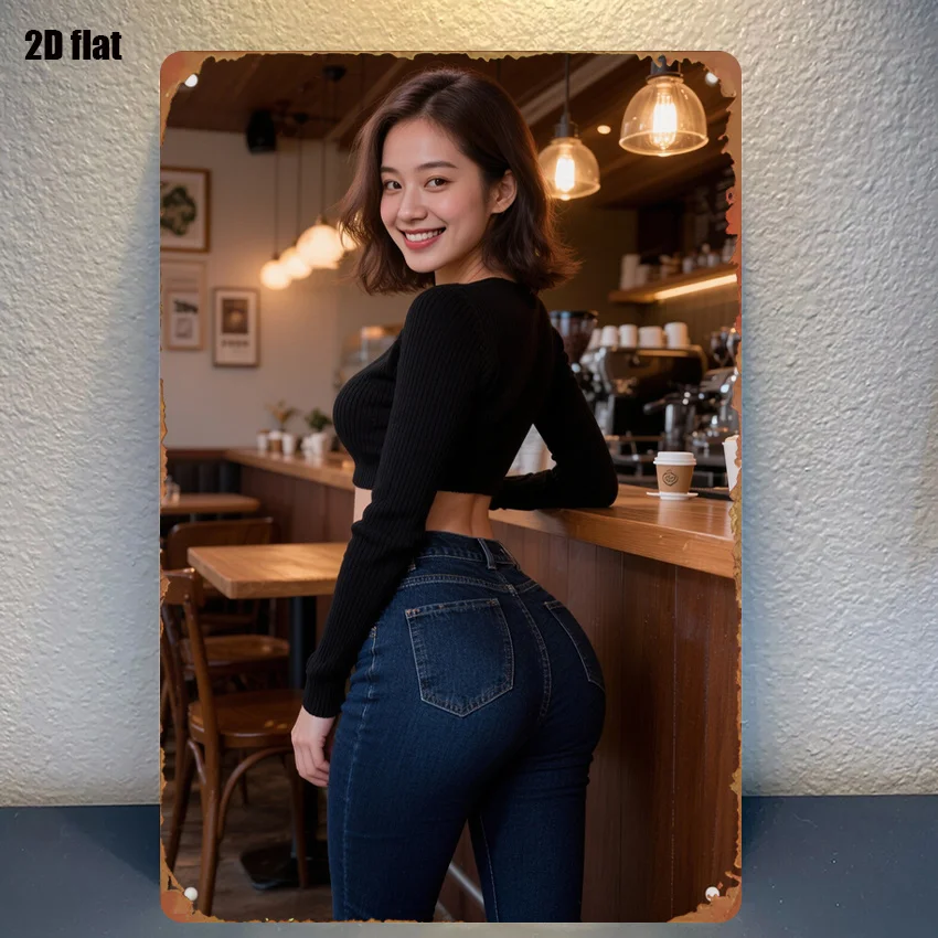 Cafe Girl in Black Crop Top and Jeans High Definition Tin Painting Vintage Metal Sign Wall Art Decor